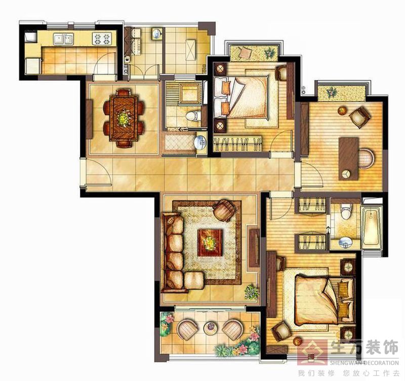 廣州富力集團富力城何女士三房兩廳家庭裝飾裝修平面圖、結(jié)構圖、戶型圖