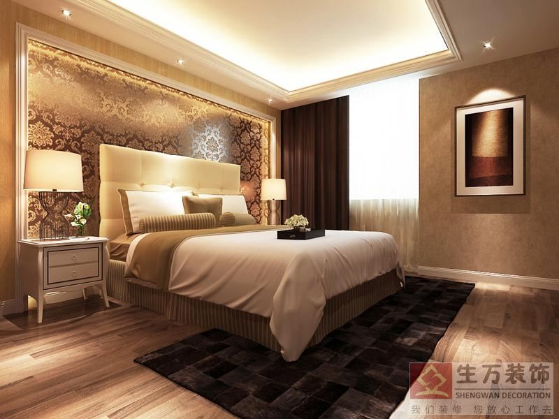 主人房歐式裝飾設(shè)計，床頭背景采用歐式大花的墻布進(jìn)行裝飾，地面選用了復(fù)合實木地板進(jìn)行鋪貼，整體效果非常理想。
