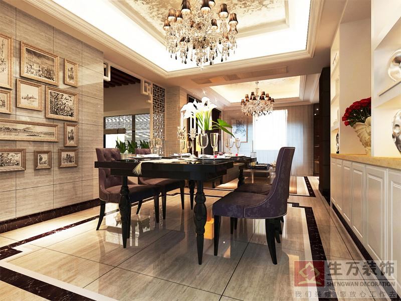 餐廳歐式裝修工藝中，餐廳背景鋪貼拋光磚，玄關(guān)過道采用含有中式風(fēng)格的元素點綴了空間的美感。