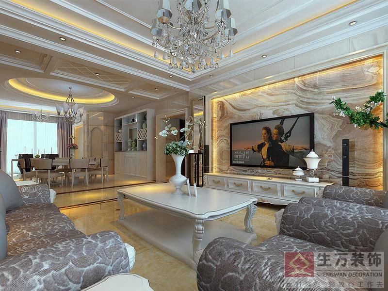 歐式客廳裝修，電視背景干掛大理石，地面鋪貼防大理石拋釉大理瓷磚。