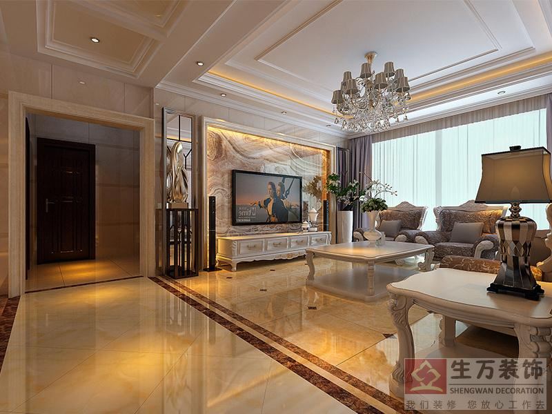 客廳的裝飾設(shè)計(jì)，電視背景與漂亮的石材畫(huà)面突出空間亮點(diǎn)，顯得更加豪華大氣。