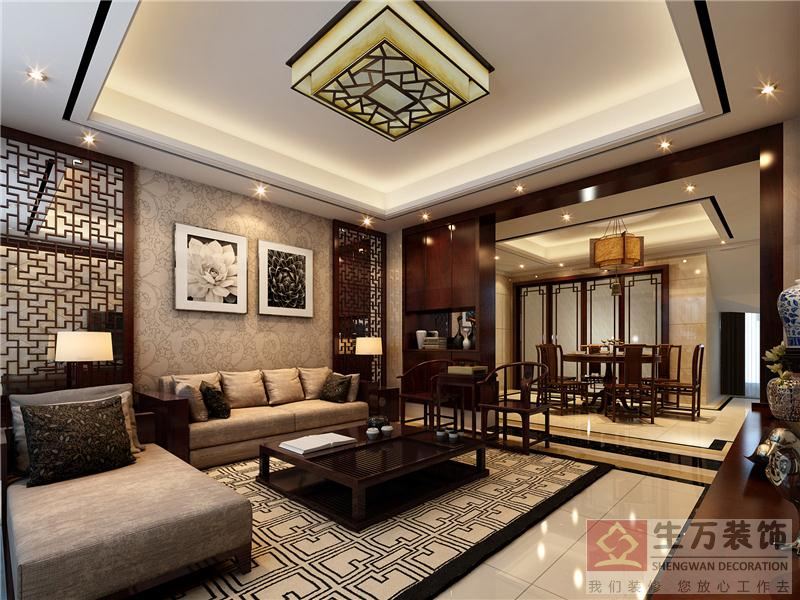 中式裝修客廳，采用很多中式博古架進(jìn)行裝飾，中式風(fēng)格的燈具，實木家具，很有穩(wěn)重，孕育中國文化。
