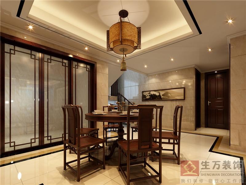 實木餐桌，樓梯裝飾，墻面鋪貼拋光磚，整個裝修設(shè)計檔次高，充滿空間文化內(nèi)涵。