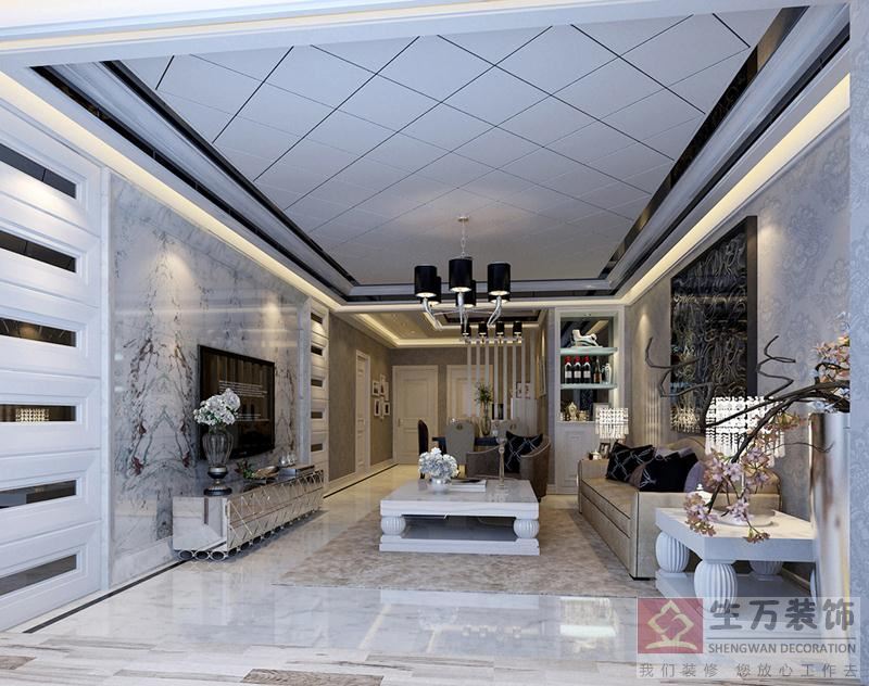 客廳頂面采用了歐式木格裝飾，電視背景干掛大理石，空間無比大氣。
