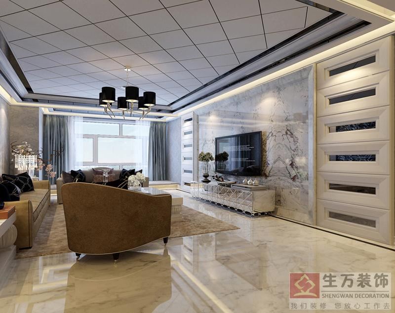 歐式客廳裝修，電視背景干掛進口大理石