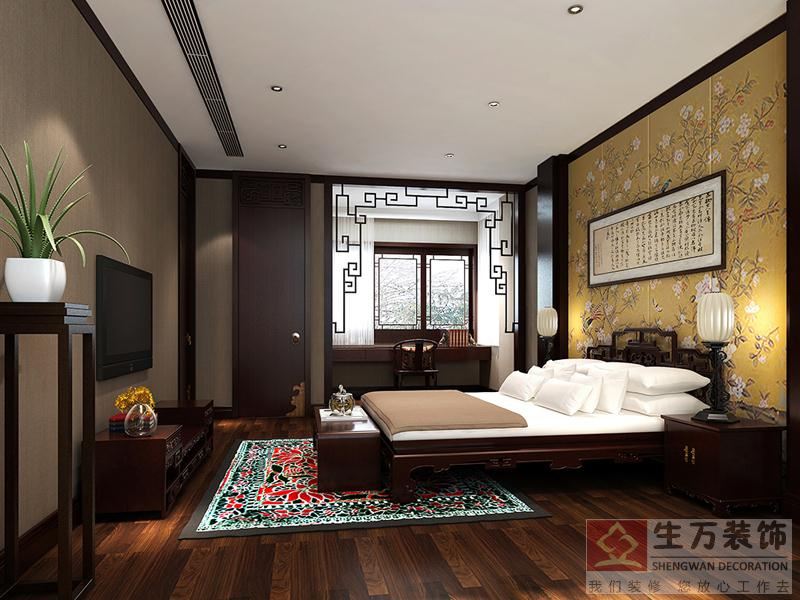 中式元素與現(xiàn)代材質(zhì)的巧妙兼柔，明清家具、窗欞、布藝床品相互輝映，再現(xiàn)了移步變景的精妙小品。